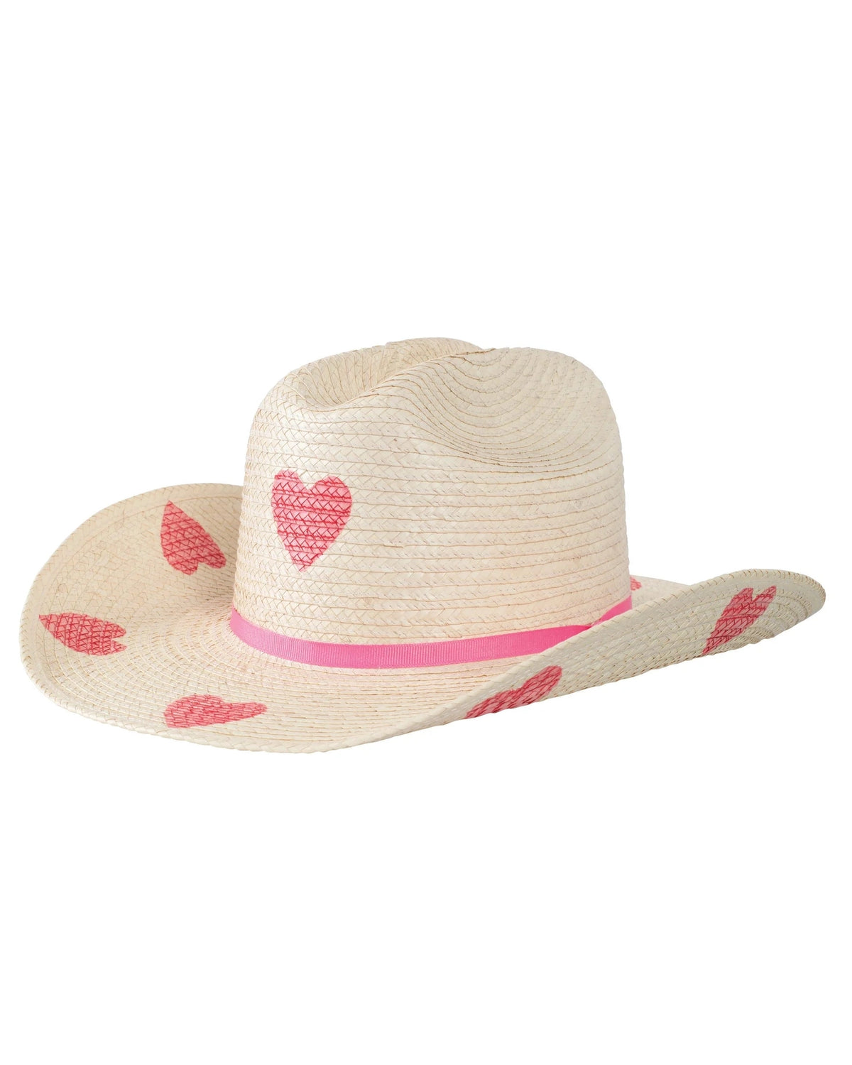 Sunbody Hats Kids Cattleman Natural Palm Leaf Hat Pink Hearts