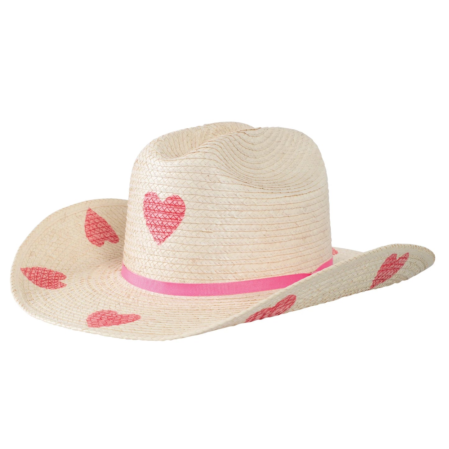 Sunbody Hats Kids Cattleman Natural Palm Leaf Hat Pink Hearts