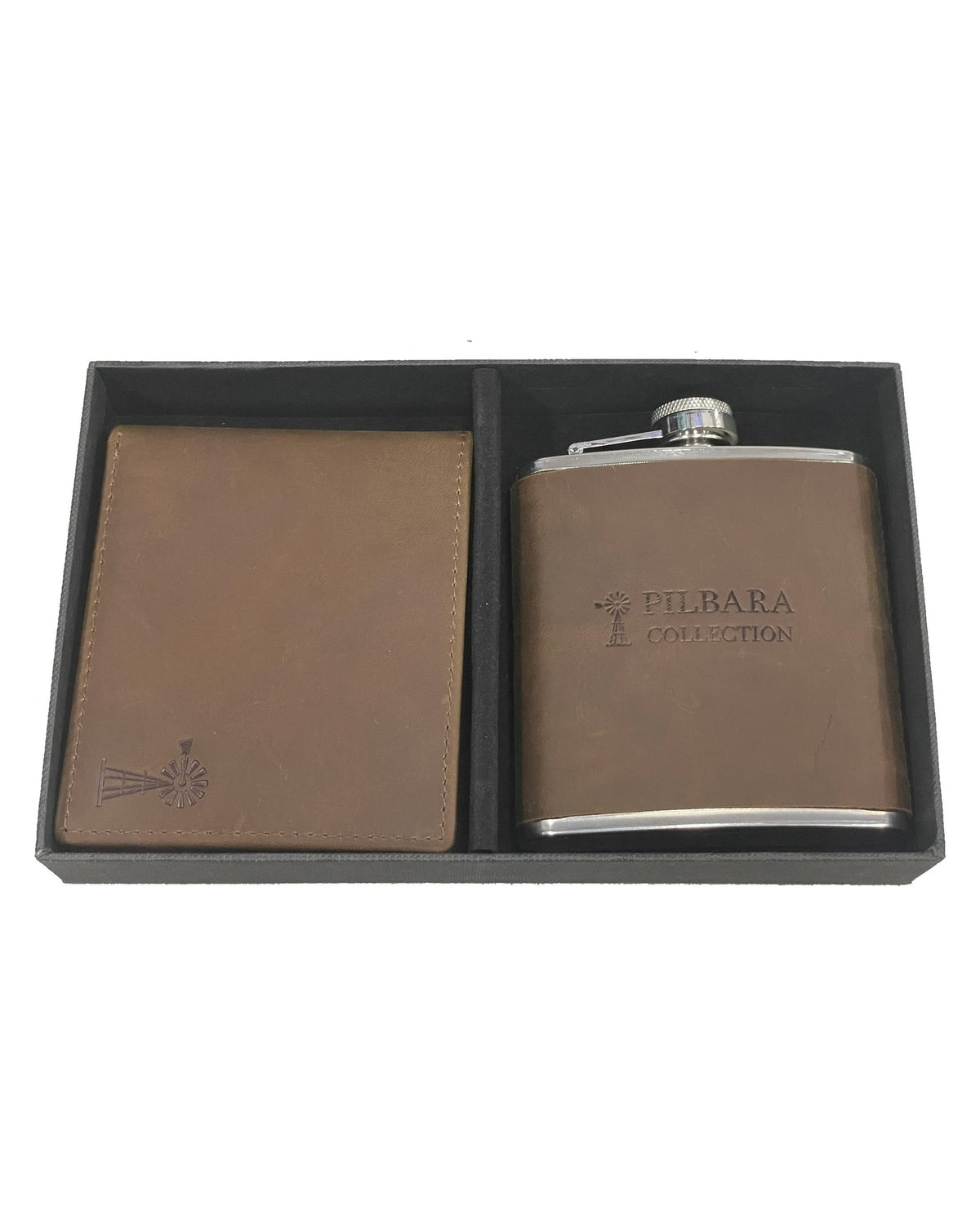 Pilbara Leather Wallet & Hip Flask Gift Set