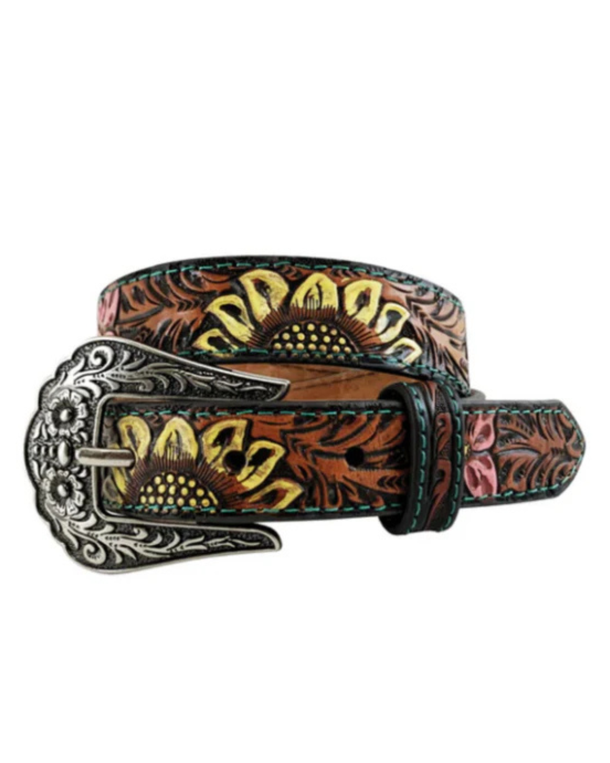 Roper Girls Belt 1 Inch Leather Hand Tooled Sunflower Tan