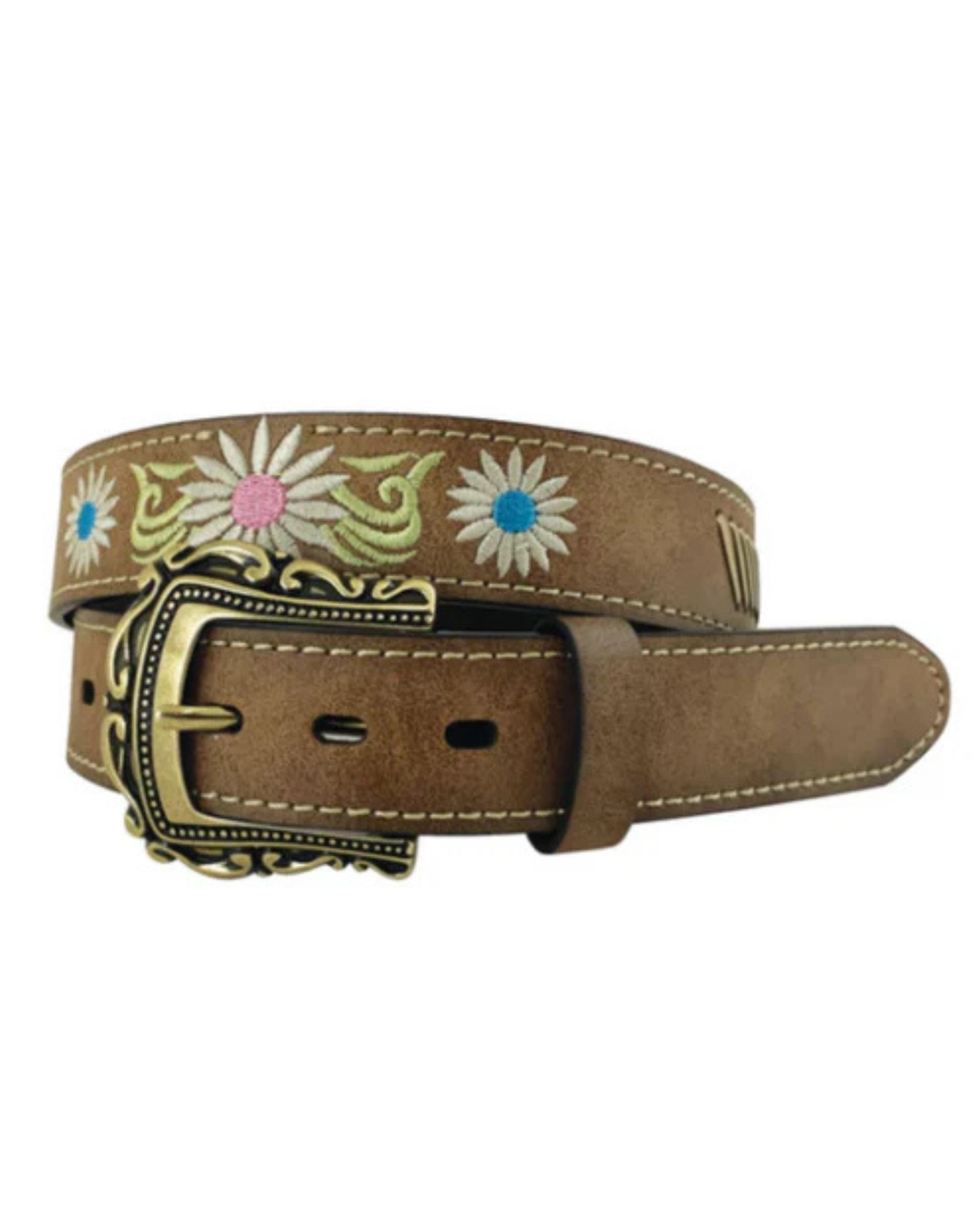 Roper Girls Belt 1.1/4 Inch Distressed Leather Embroidered Floral Pattern with Lacing