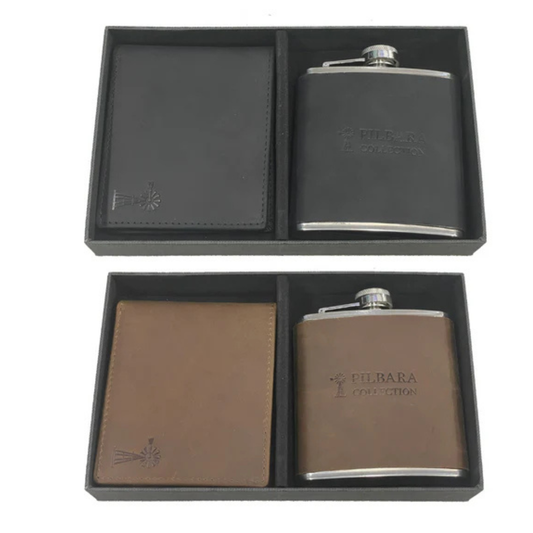 Pilbara Leather Wallet & Hip Flask Gift Set