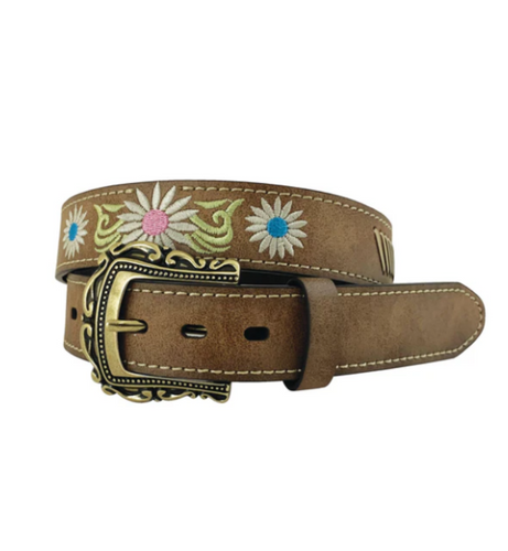 Roper Girls Belt 1.1/4 Inch Distressed Leather Embroidered Floral Pattern with Lacing