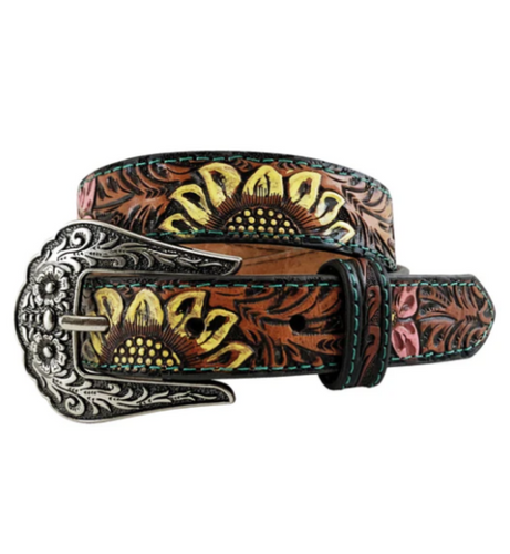 Roper Girls Belt 1 Inch Leather Hand Tooled Sunflower Tan