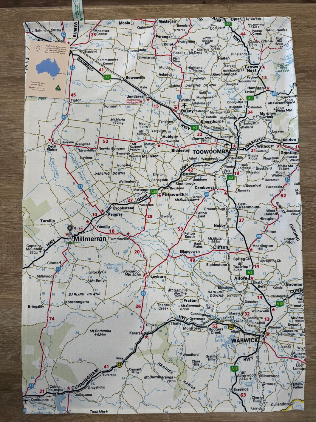 Australian Made Millmerran Local Map Tea Towel
