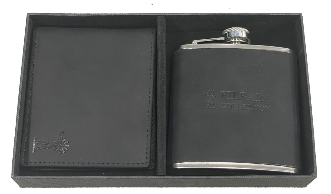 Pilbara Leather Wallet & Hip Flask Gift Set