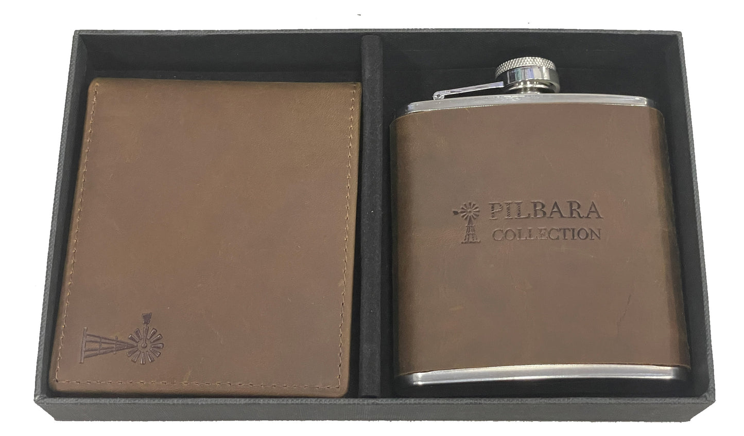 Pilbara Leather Wallet & Hip Flask Gift Set
