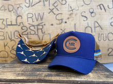 Load image into Gallery viewer, MRC Trucker Cap Navy/Tan Leather Patch