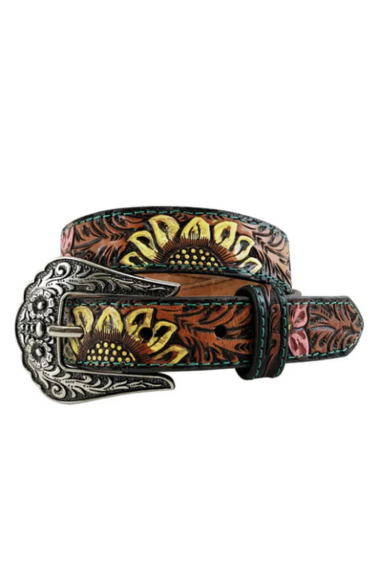 Roper Girls Belt 1 Inch Leather Hand Tooled Sunflower Tan