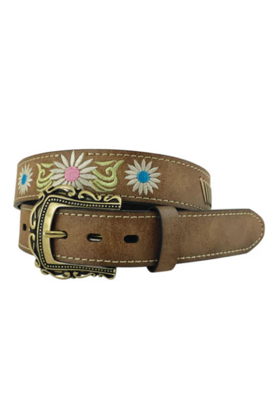 Roper Girls Belt 1.1/4 Inch Distressed Leather Embroidered Floral Pattern with Lacing