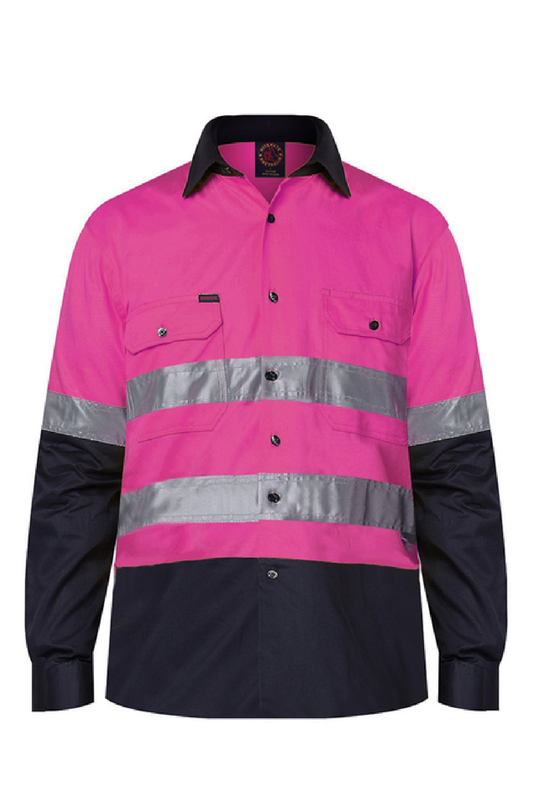 Ritemate Mens 2 Tone Open Front Work Shirt Long Sleeve with Reflective Tape