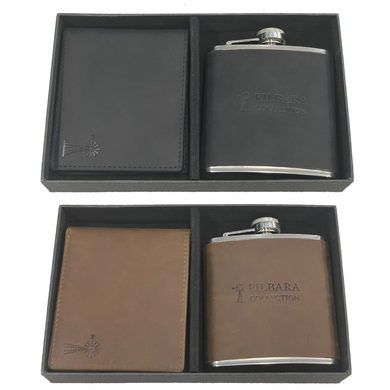 Pilbara Leather Wallet & Hip Flask Gift Set