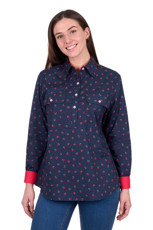 Hard Slog Womens Cherry 1/2 Placket Long Sleeve Shirt
