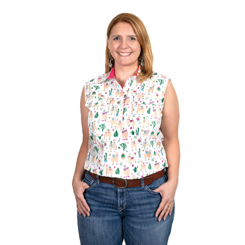 JUST COUNTRY WOMENS LILLY HALF BUTTON SLEEVELESS PRINT WORKSHIRT