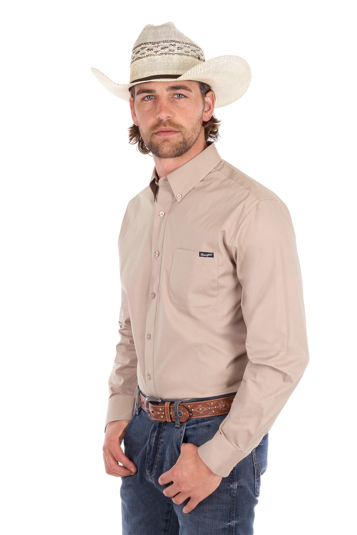 Wrangler Mens Flex Logo 1 Pocket Long Sleeve Shirt