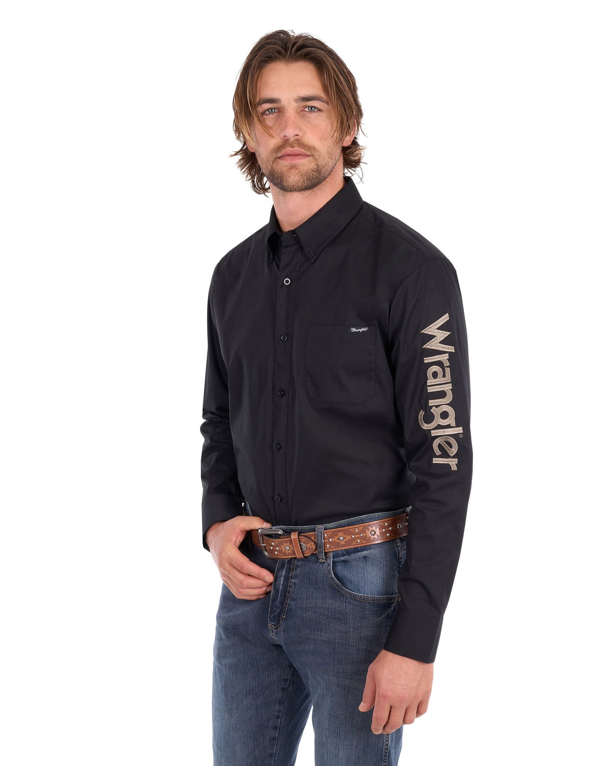 Wrangler Mens Flex Logo 1 Pocket Long Sleeve Shirt