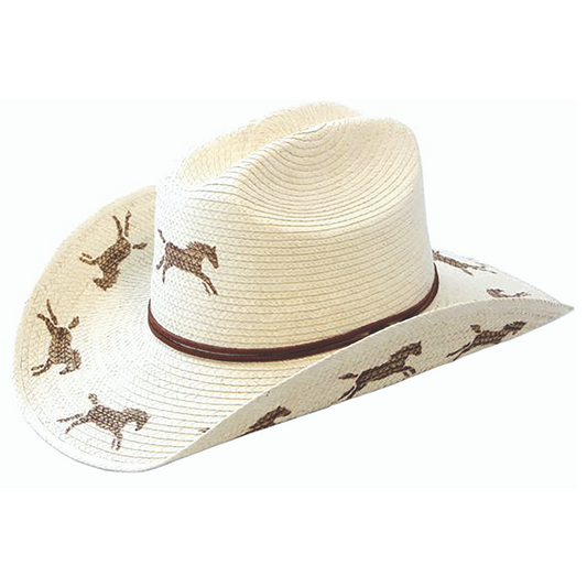 Sunbody Hats Kids Cattleman Palm Leaf Hat Natural/Running Horses