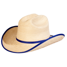 Load image into Gallery viewer, SUNBODY HAT KIDS CATTLEMAN NATURAL / ROYAL BLUE BOUND EDGE